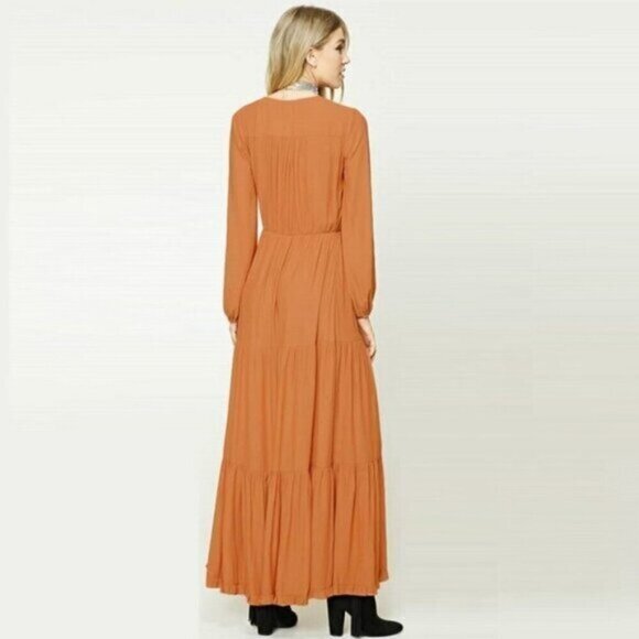 Tiered Maxi Dress Rust Bronze Billowy Sleeves Tassel Tie Front - Picture 3 of 6